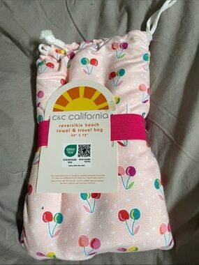 C&C California Pink Reversible Beach Towel & Travel Bag with Cherry Print